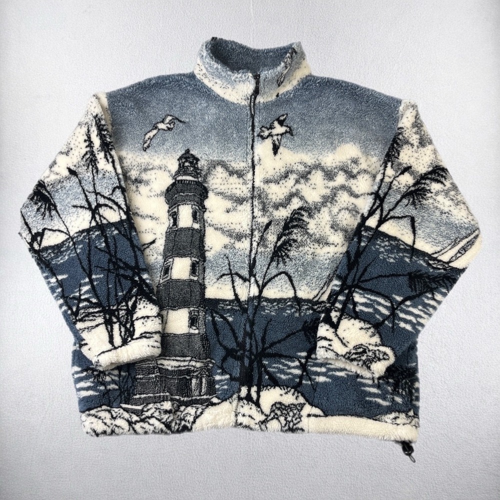 Black Mountain Fleece Jacket Mens XL Blue Lighthouse Nature Scene Full Zip USA